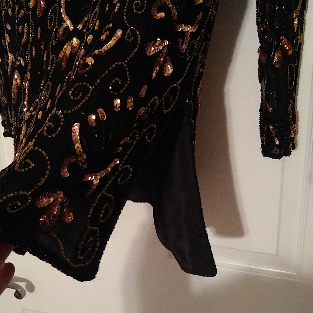 Black Gold bronze sequins silk fancy blouse Long Sleeve Party XL - Picture 4 of 6